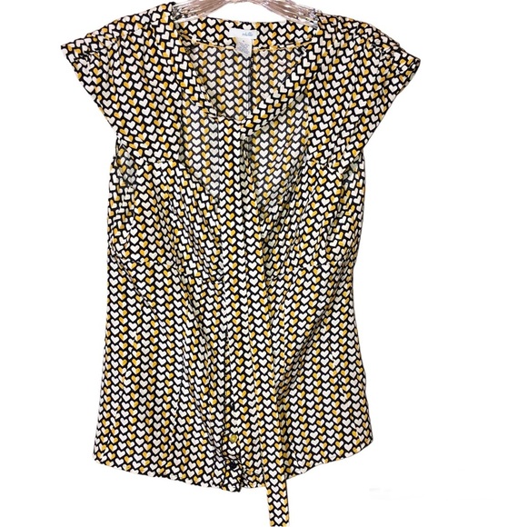 Anthropologie Odille Heart Print Tie Neck Silk Top Yellow White 6 - Picture 1 of 6